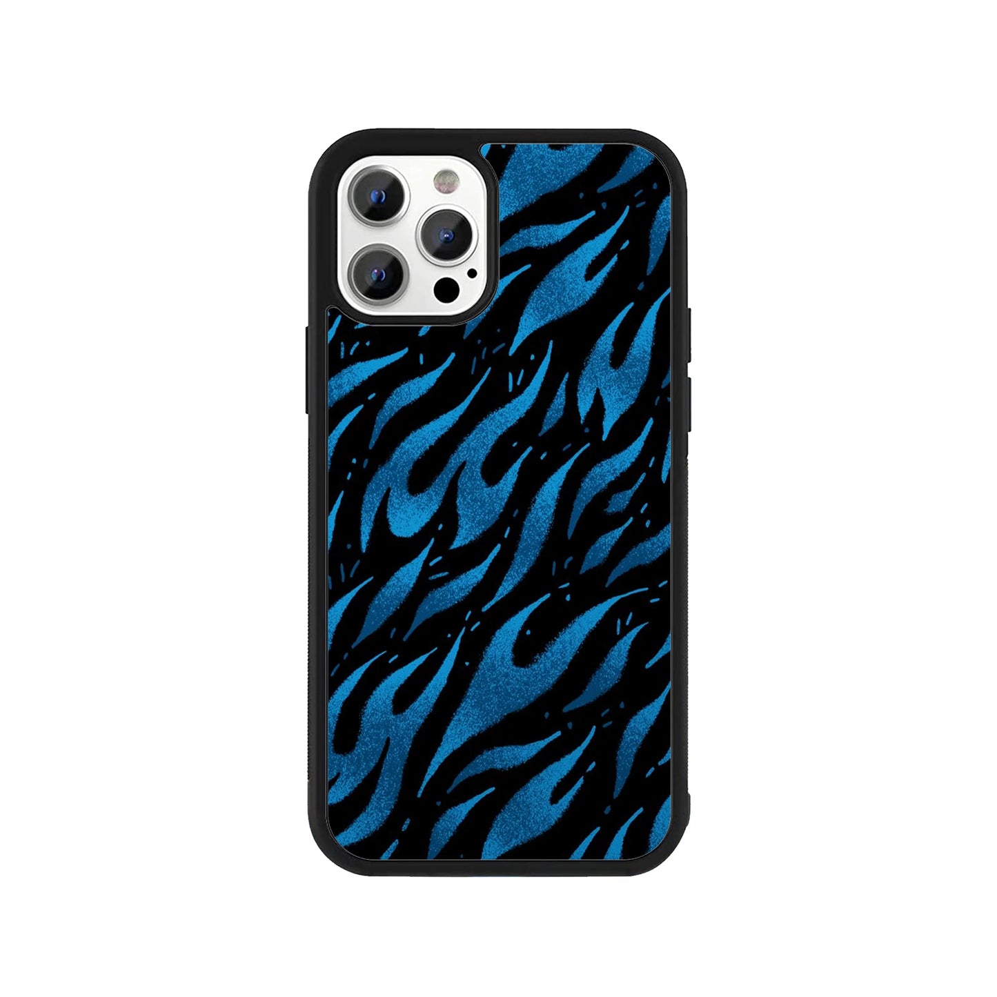 Phone case featuring abstract electric blue flame pattern on a black background - bold aesthetic cover by Stick-On Limited.