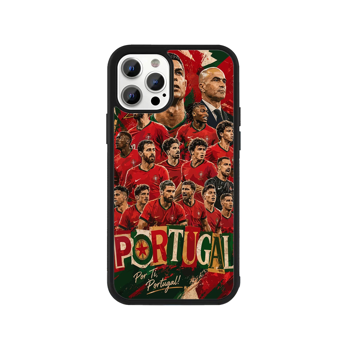 A smartphone case featuring a detailed illustration collage of the Portugal national football team players against a red and green textured background, with 'PORTUGAL' text and a protective black bumper - sports phone accessory by Stick-On Limited.