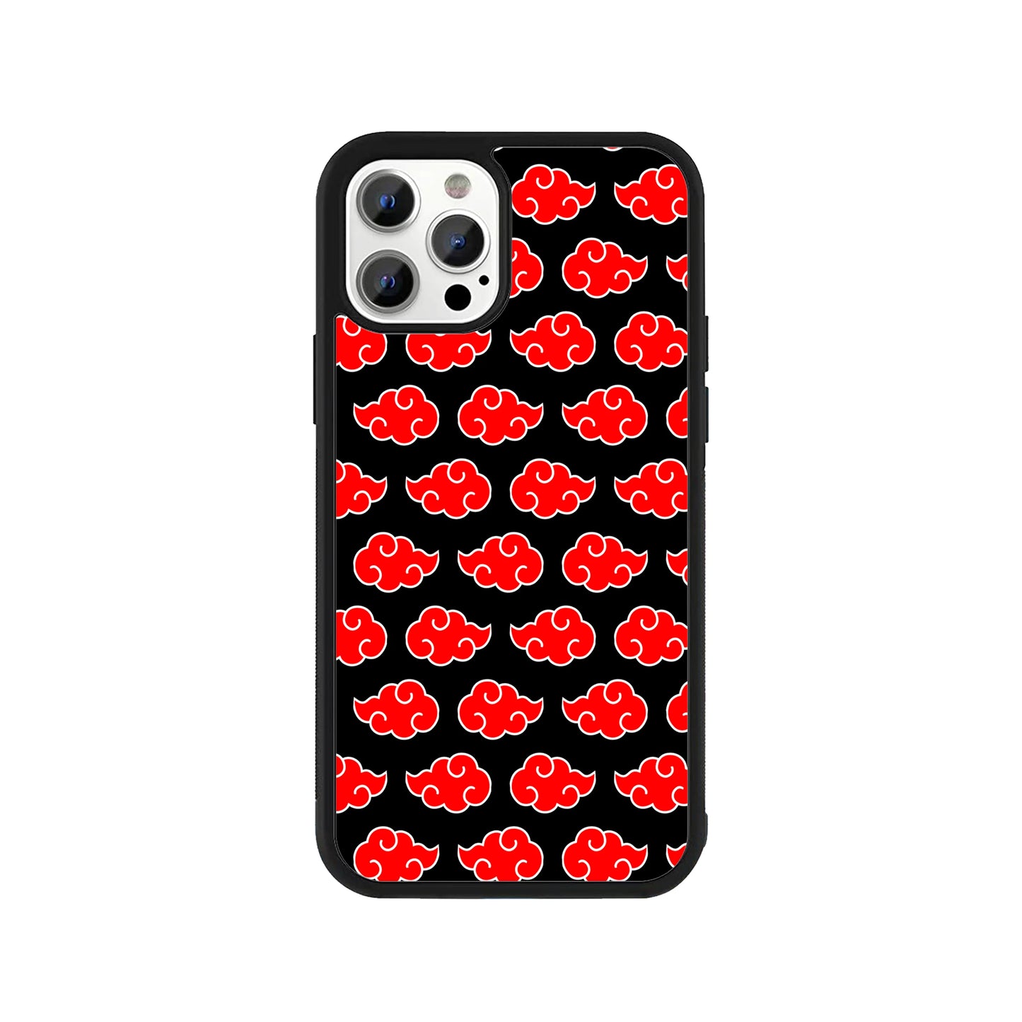 A smartphone case featuring a repeating pattern of red anime-style clouds with white outlines on a solid black background, framed by a protective black bumper - pop culture phone accessory by Stick-On Limited.