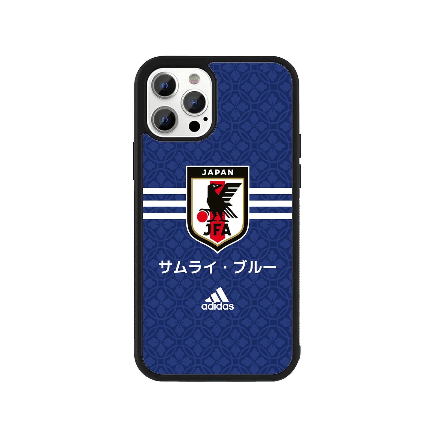 A smartphone case featuring a blue traditional Japanese pattern, the Japan JFA crest with the three-legged crow, horizontal stripes, Japanese katakana text, and a protective black bumper - sports phone accessory by Stick-On Limited.