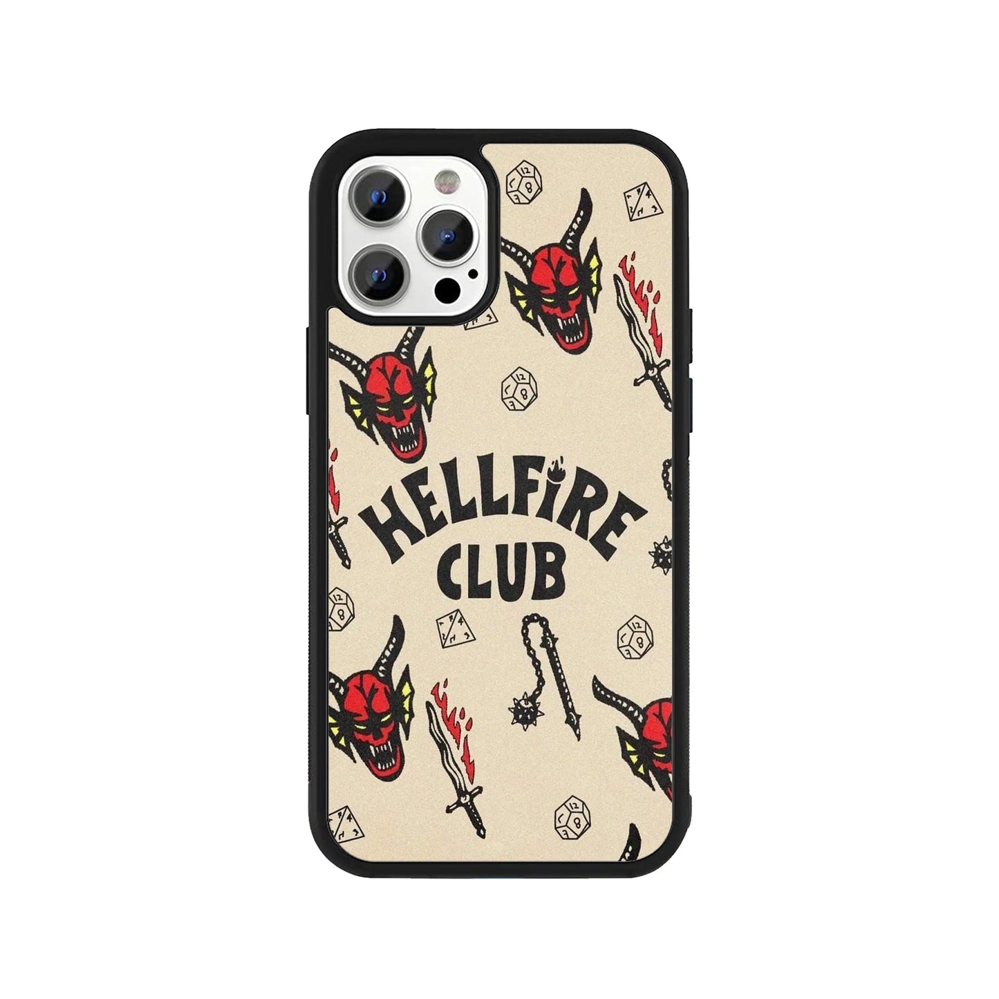 Phone case featuring Hellfire Club logo with demon heads, dice, and weapons on a cream background - Stranger Things cover by Stick-On Limited.