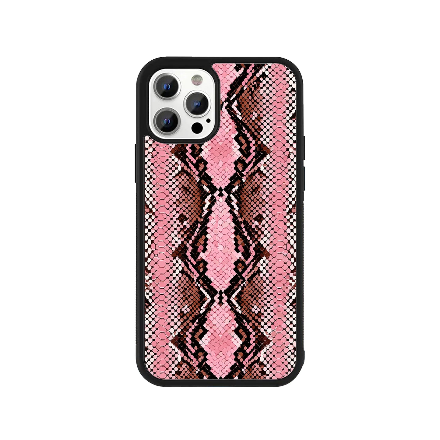 A smartphone case featuring a vibrant pink, black, and brown faux snakeskin scale pattern, framed by a protective black bumper - fashion phone accessory by Stick-On Limited.