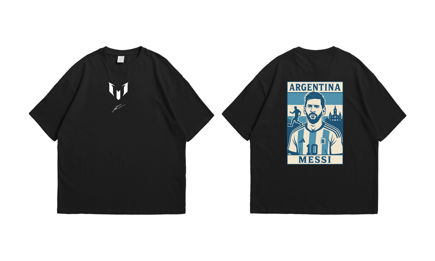 Lionel Messi – Argentina No.10 Stamp Tee – Oversized drop-shoulder 180 GSM cotton football T-shirt by Stick-On (Unisex M–5XL)