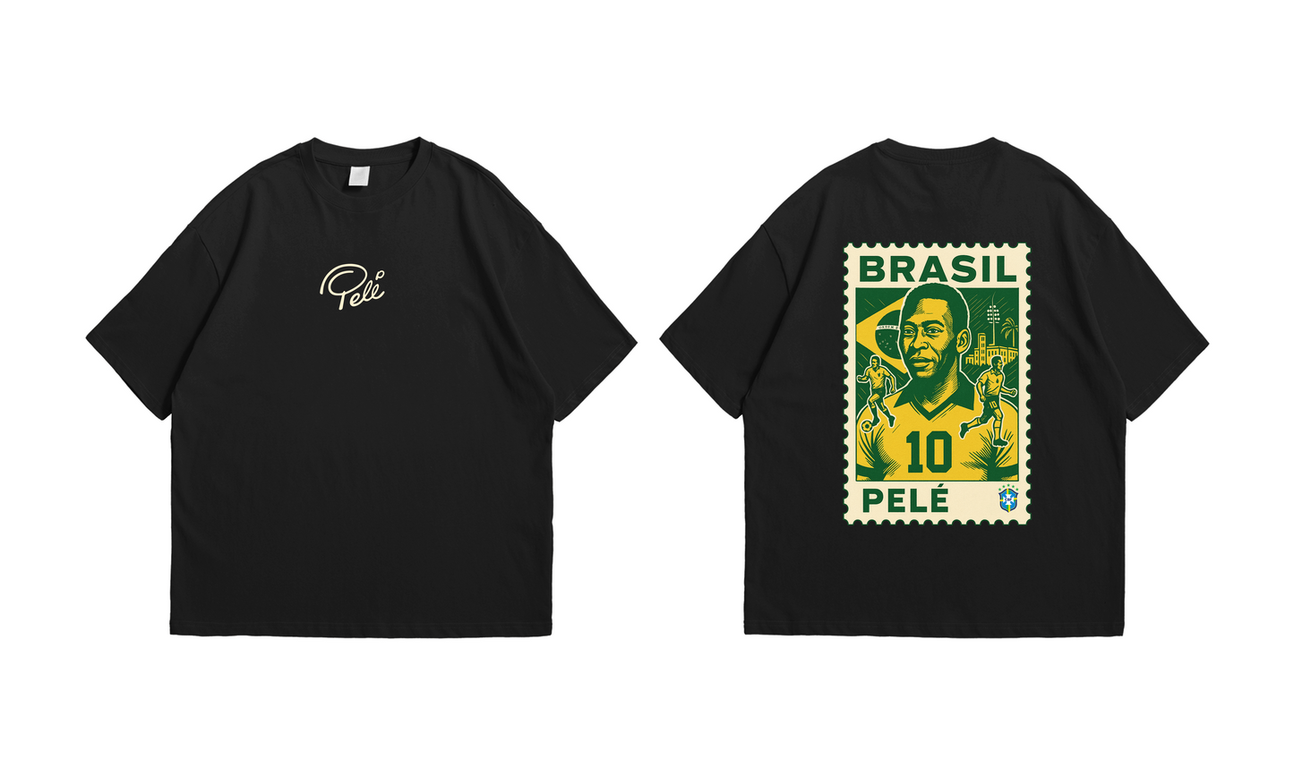 Pelé – Brazil No.10 Stamp Tee – Oversized drop-shoulder 180 GSM cotton football T-shirt by Stick-On (Unisex M–5XL)