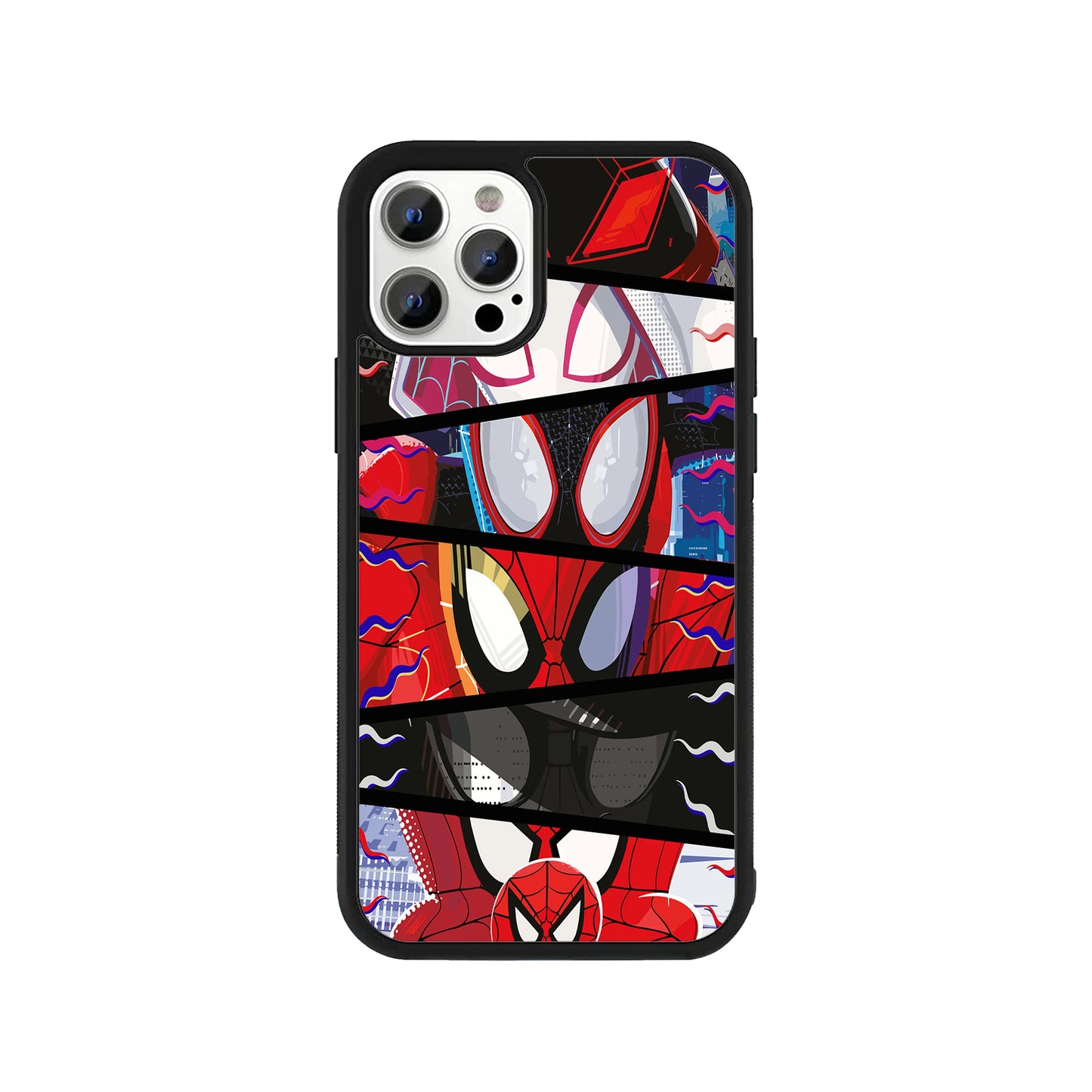 A smartphone case featuring a comic book style sliced panel design with close-ups of different Spider-Man characters' masks, including Miles Morales, Spider-Gwen, and Spider-Man Noir, surrounded by a black protective bumper edge.