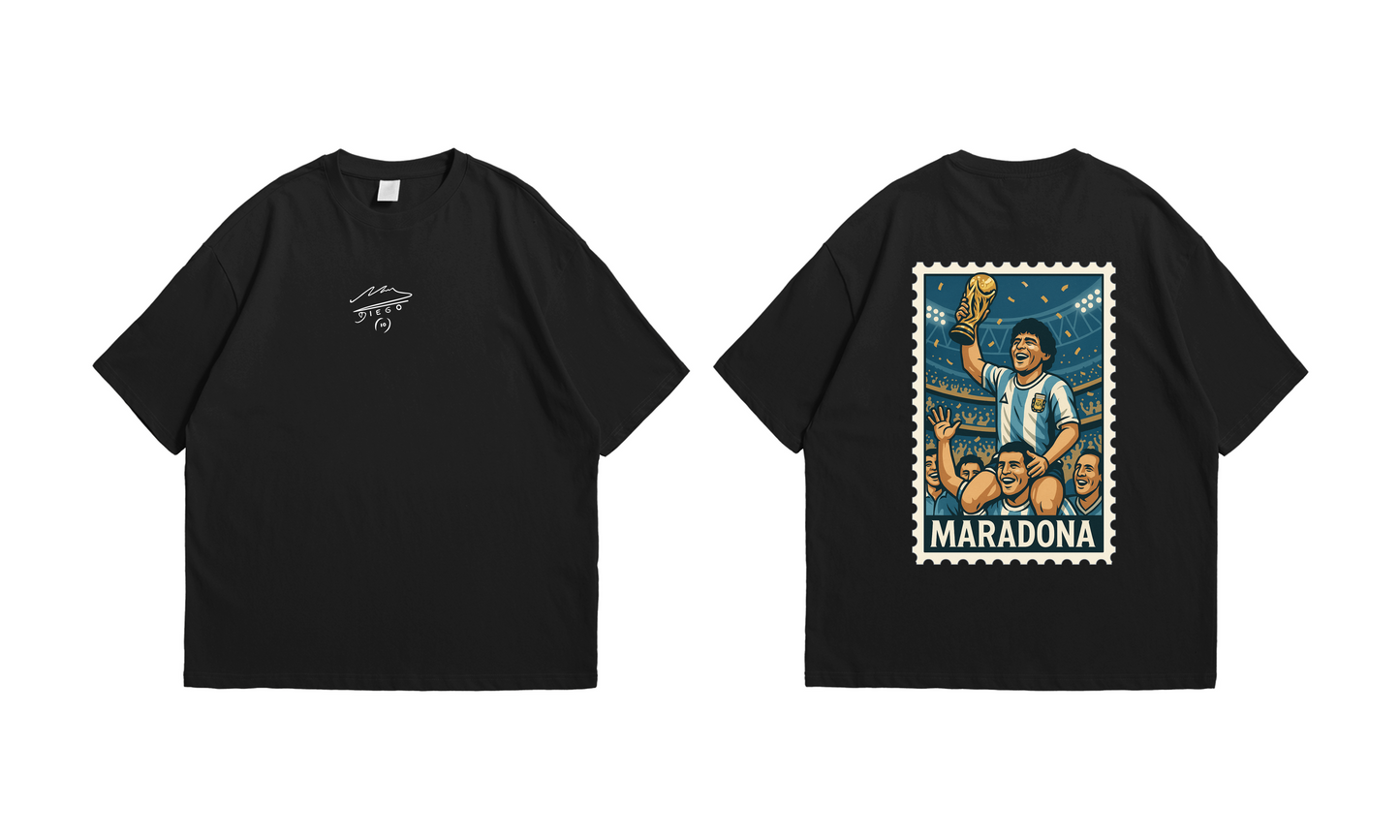 Diego Maradona – Argentina World Cup Stamp Tee – Oversized drop-shoulder 180 GSM cotton football T-shirt by Stick-On (Unisex M–5XL)
