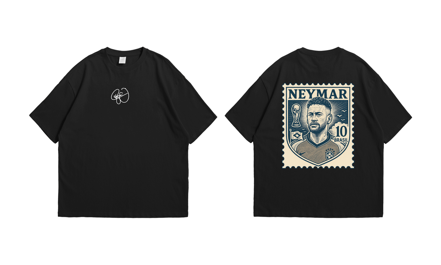 Neymar – Brazil No.10 Stamp Tee – Oversized drop-shoulder 180 GSM cotton football T-shirt by Stick-On (Unisex M–5XL)