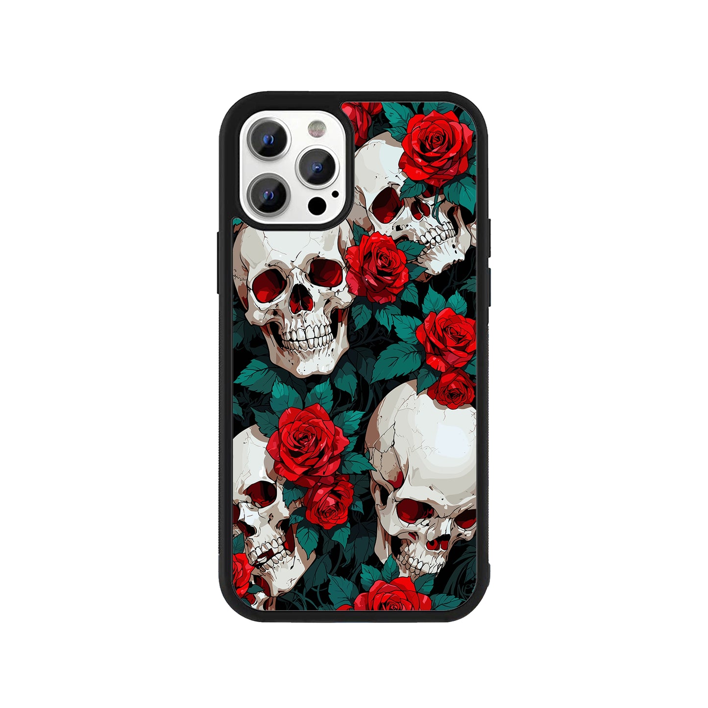 Phone case featuring a pattern of skulls and bright red roses on a black background - gothic aesthetic cover by Stick-On Limited.
