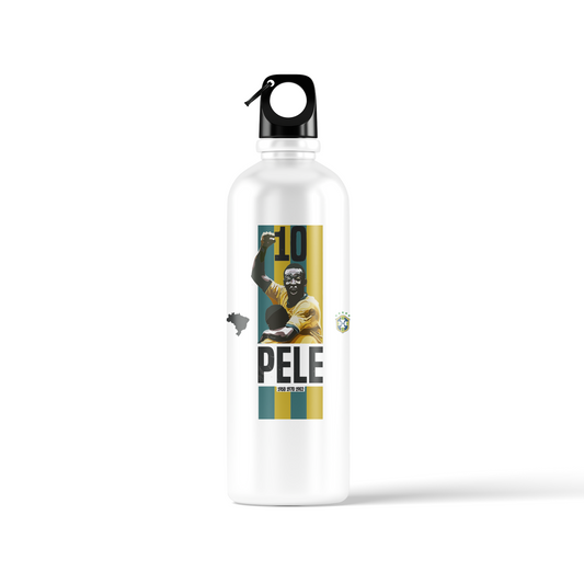 Pele sublimation water bottle – 500ml, featuring Pele #10 artwork and portrait collage design by Stick-On