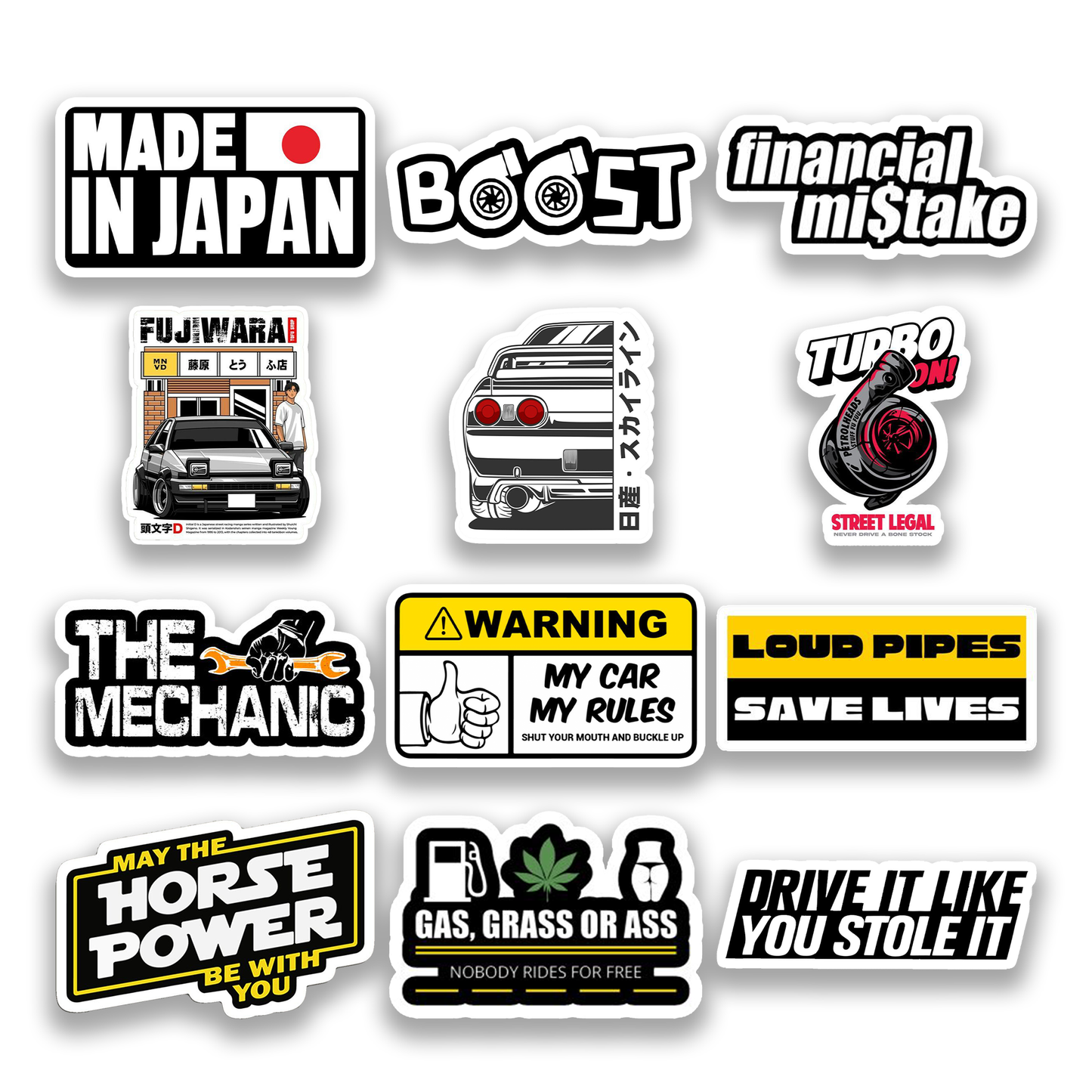 JDM Sticker Pack – Street Racer Edition car and turbo-themed stickers, Stick-On Auto Collection