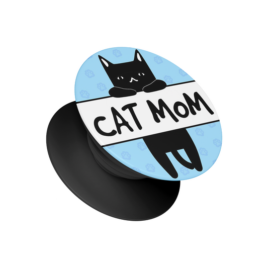 Cat Mom pop socket – cute black cat design on blue background phone grip and stand by Stick-On