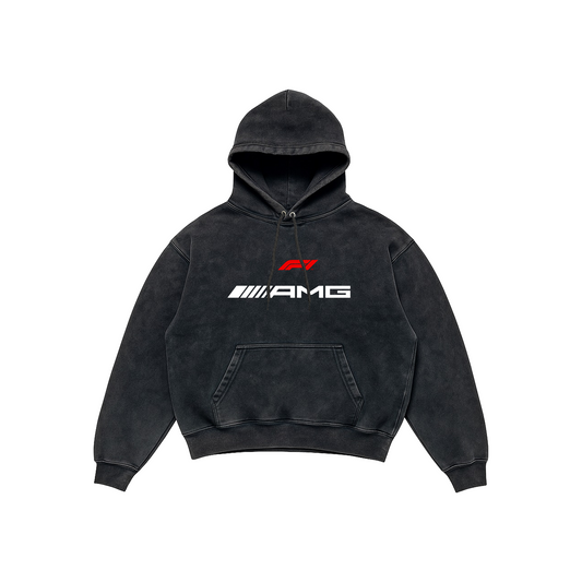Mercedes-AMG Acid Wash Hoodie – Performance Edition featuring AMG GT blueprint and F1 AMG logo, Stick-On Auto Collection