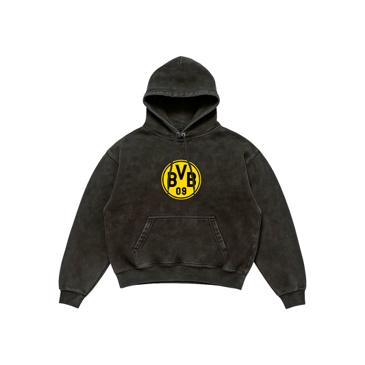 Borussia Dortmund Acid Wash Hoodie – HEJA BVB Edition featuring BVB 09 crest on front and bold fan illustration with HEJA BVB text on back, Stick-On Sports Collection