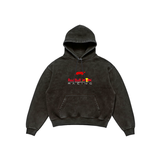 Red Bull Racing Acid Wash Hoodie – Checo Pérez Edition featuring Red Bull Racing logo on front and detailed Checo Pérez F1 car blueprint artwork on back, Stick-On Auto Collection