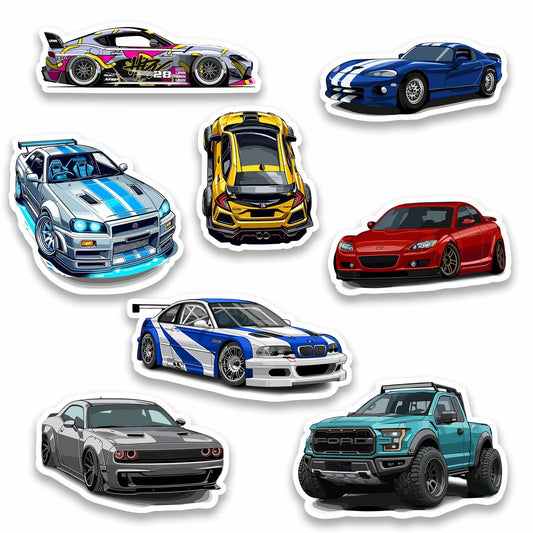 JDM and Muscle Car Sticker Pack – Skyline GTR, Supra, M3 GTR, Challenger, RX-8, Civic Type R, Ford Raptor car decals, Stick-On Drift & Speed Collection