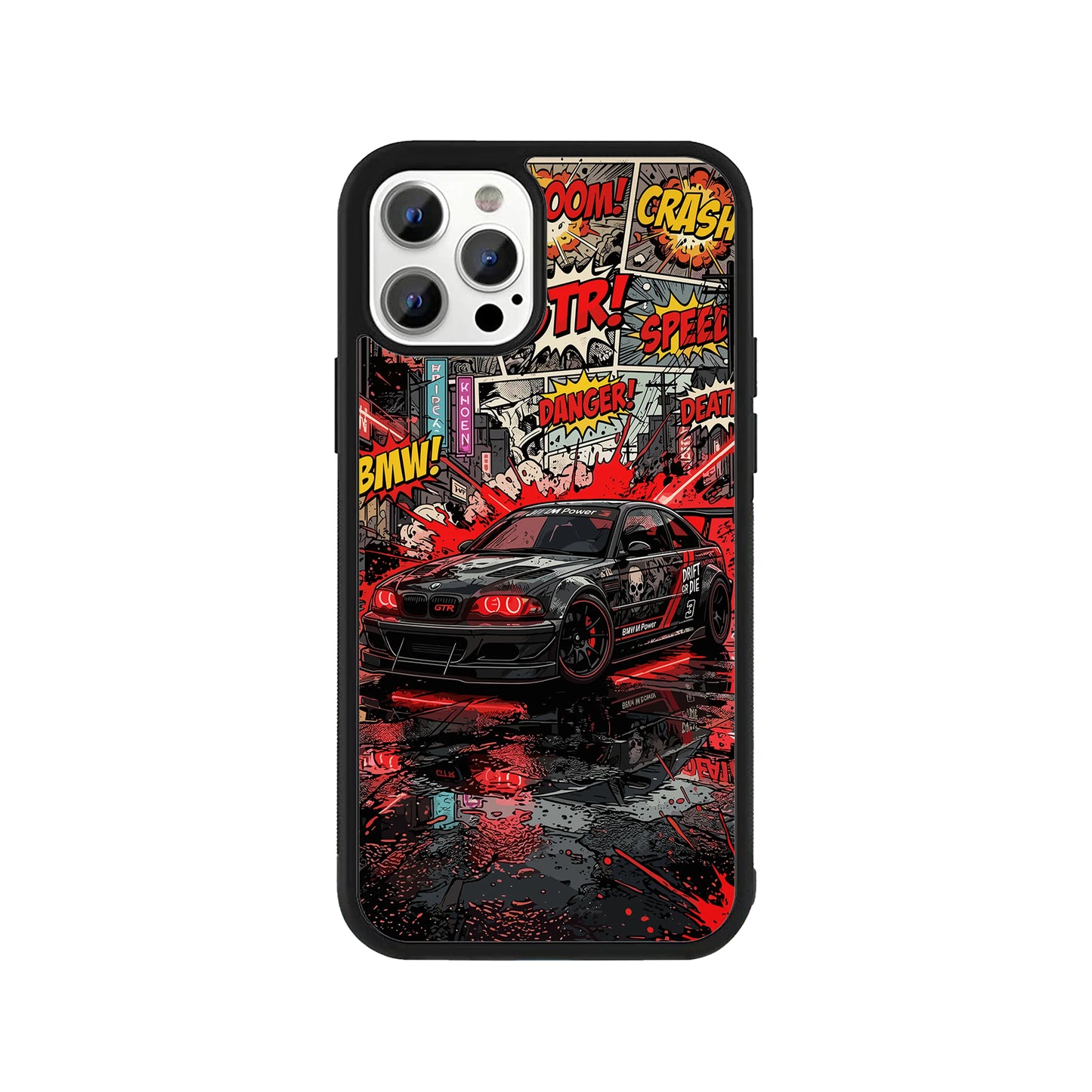 A smartphone case featuring a dark drift car with glowing red headlights on a wet street, set against a background of retro comic book panels with action words and red splatters, framed by a protective black bumper - pop culture phone accessory by Stick-On Limited.