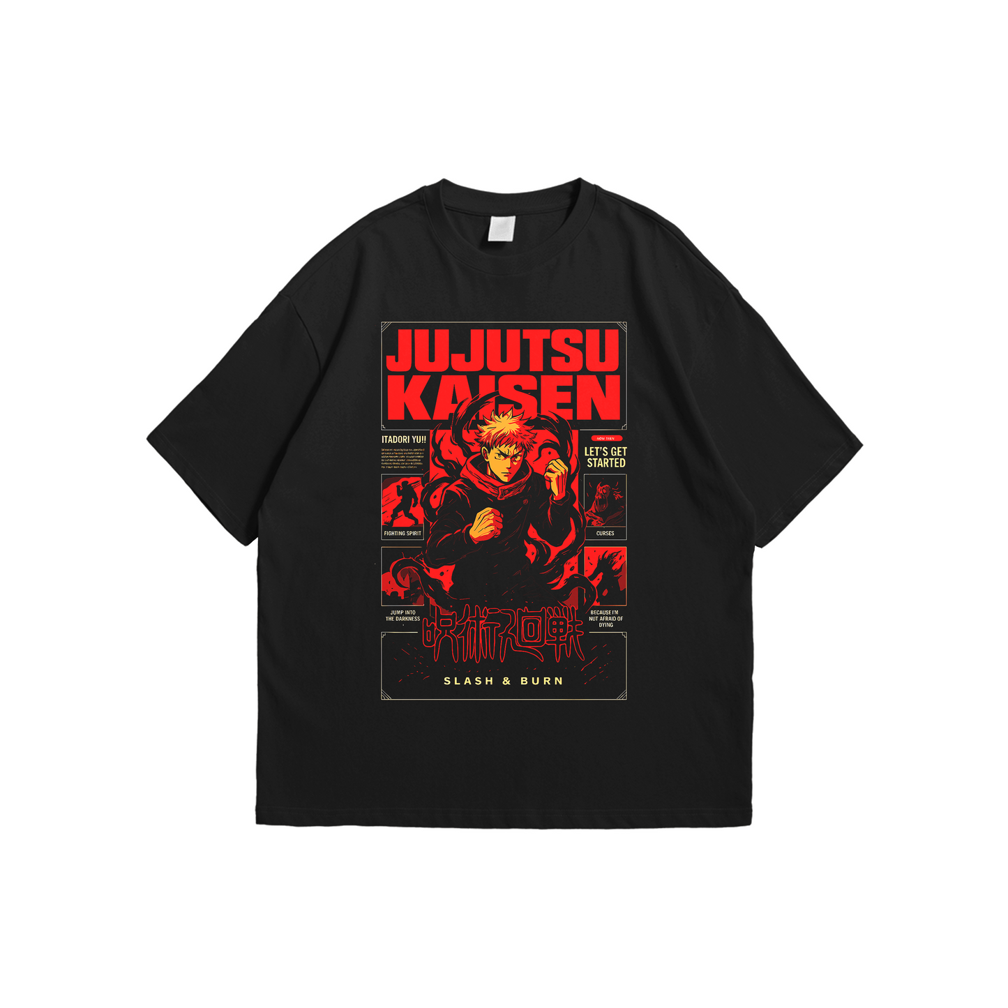 Jujutsu Kaisen – Itadori Slash & Burn Oversized Tee – Oversized drop-shoulder 180 GSM cotton anime T-shirt by Stick-On (Unisex M–5XL)