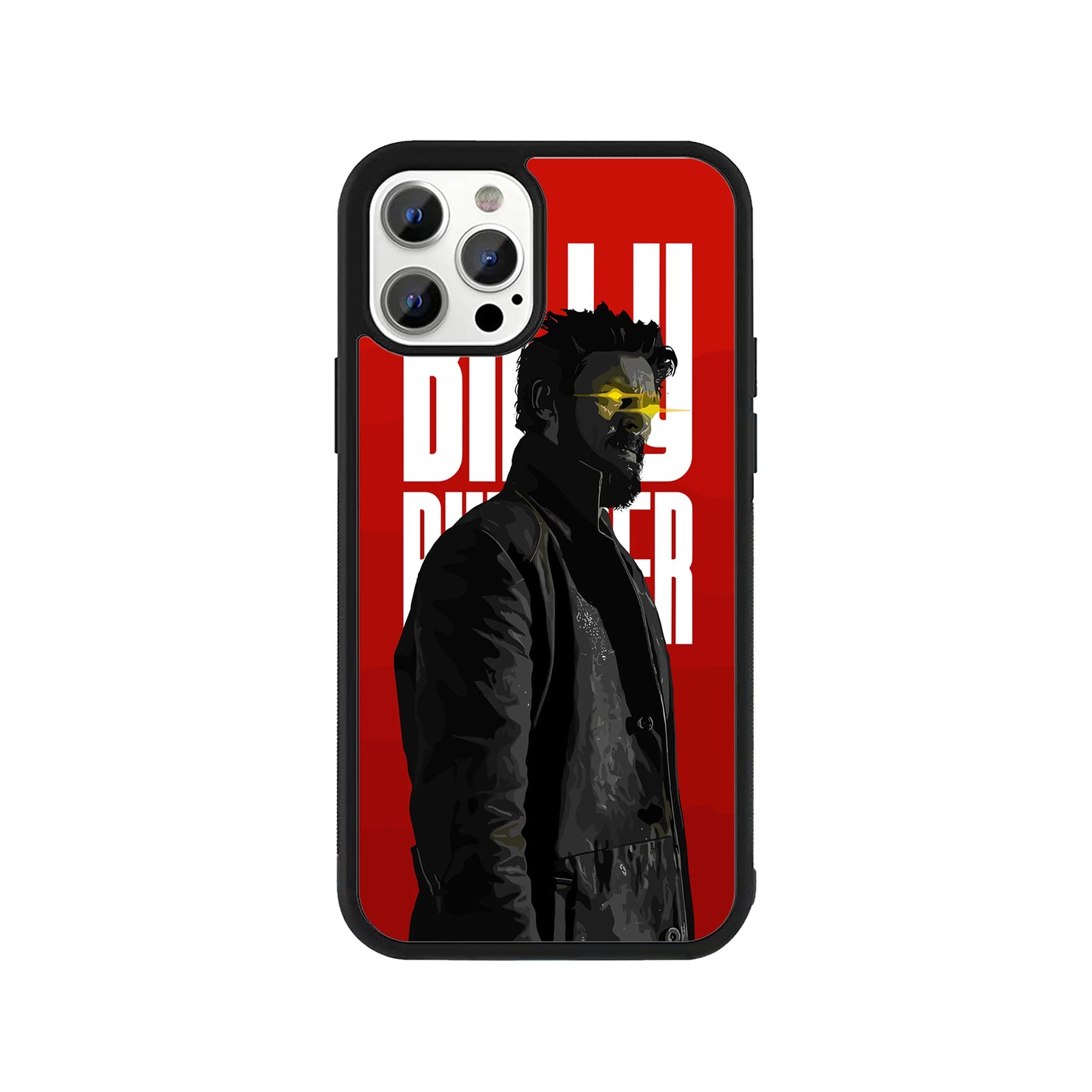 A smartphone case featuring a stylized illustration of Billy Butcher with glowing yellow laser eyes, set against a solid red background with large white text, framed by a protective black bumper - pop culture phone accessory by Stick-On Limited.