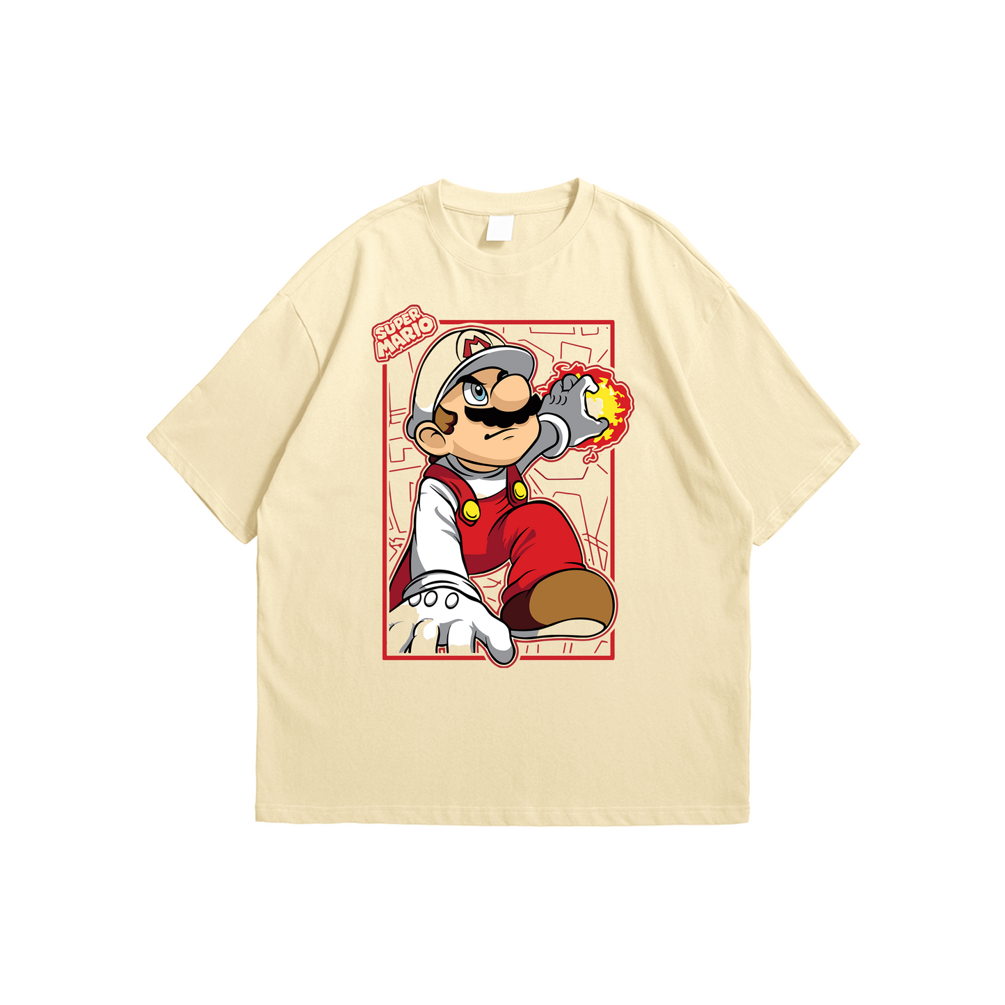 Super Mario Oversized T-Shirt – beige gaming tee with Fire Mario graphic design, Stick-On Apparel Collection