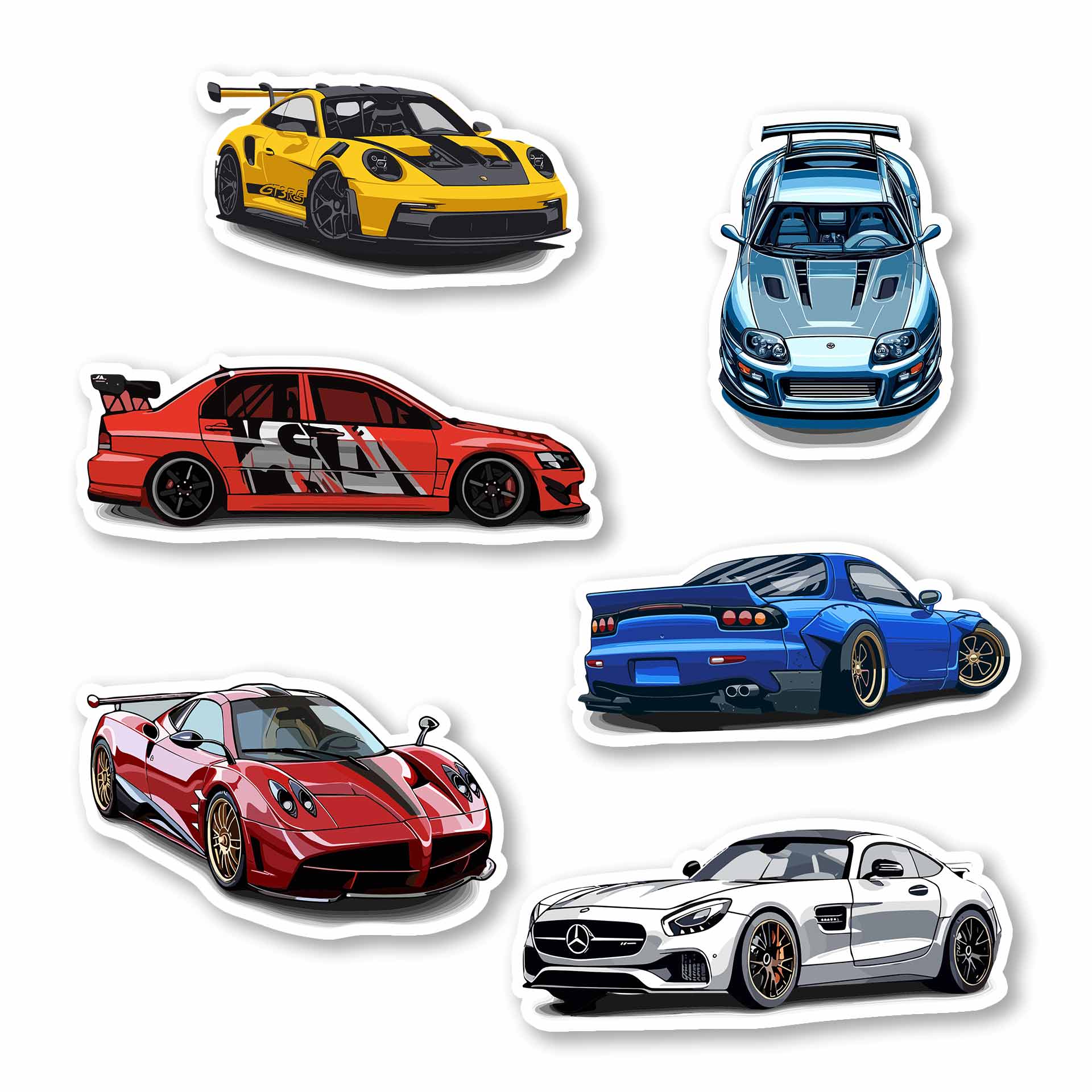 Supercar and JDM Legends Sticker Pack – Supra, RX-7, Lancer Evo, GT3 RS, AMG GT, Pagani Huayra car decals, Stick-On Street Racer Collection
