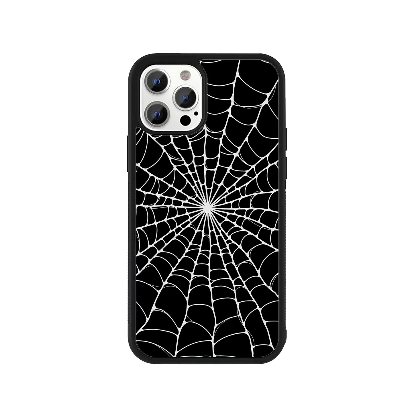 A smartphone case featuring a bold white spider-web pattern over a solid black background, surrounded by a black protective bumper edge
