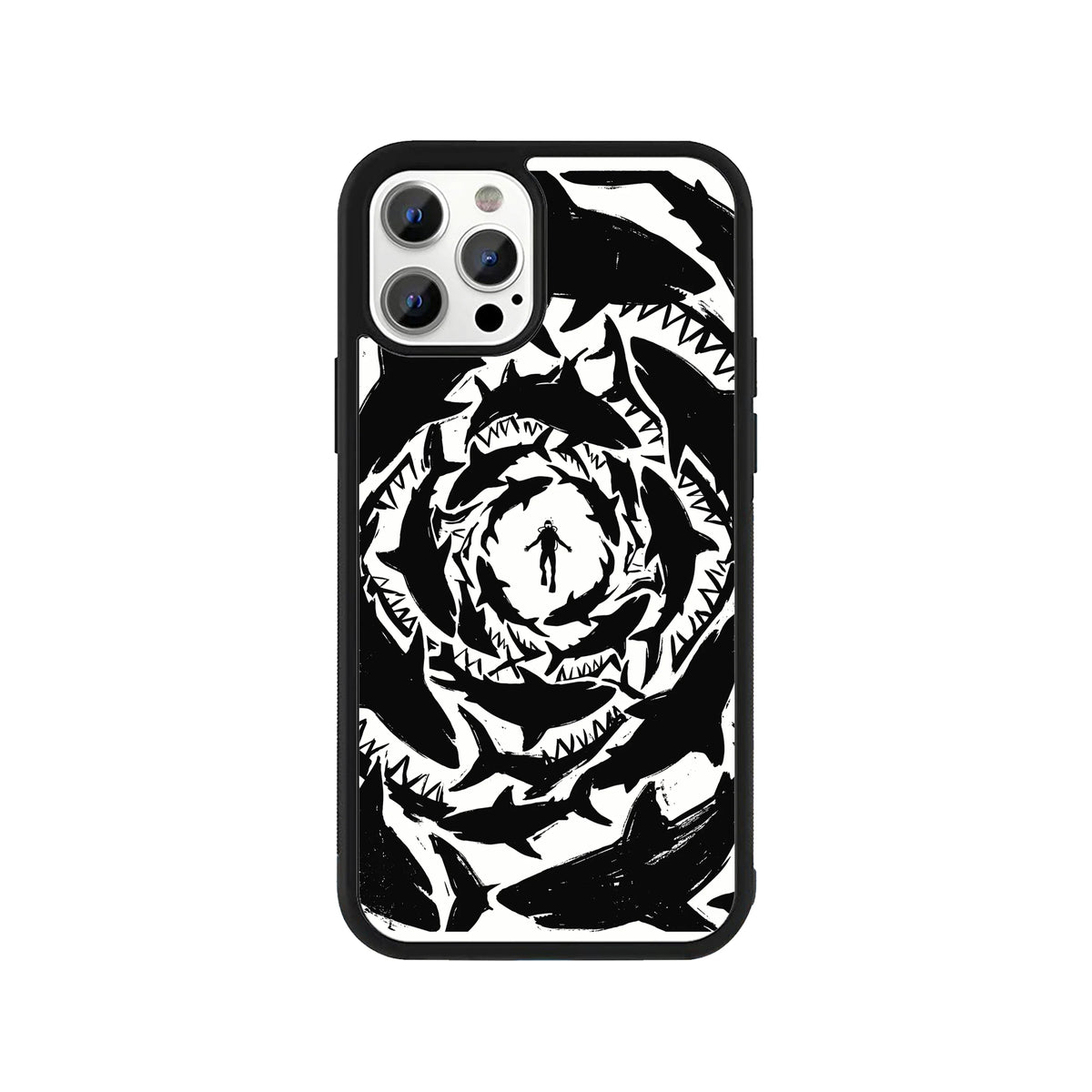 A smartphone case featuring a high-contrast black-and-white graphic illustration of a tiny scuba diver in the center of a swirling vortex of sharks, surrounded by a black protective bumper edge