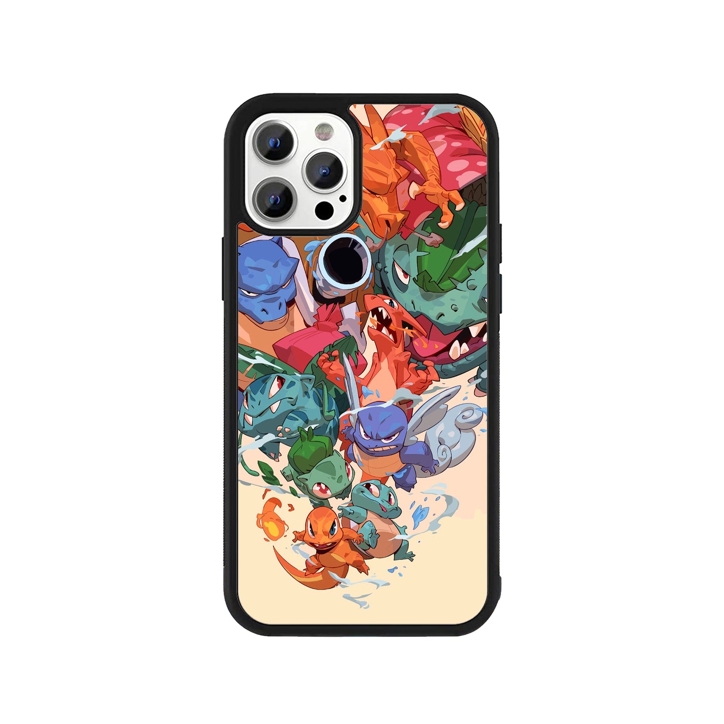 A smartphone case featuring a colorful anime-style illustration of Pokemon Kanto starters and their evolutions with a protective black bumper - Nintendo fan phone accessory by Stick-On Limited.
