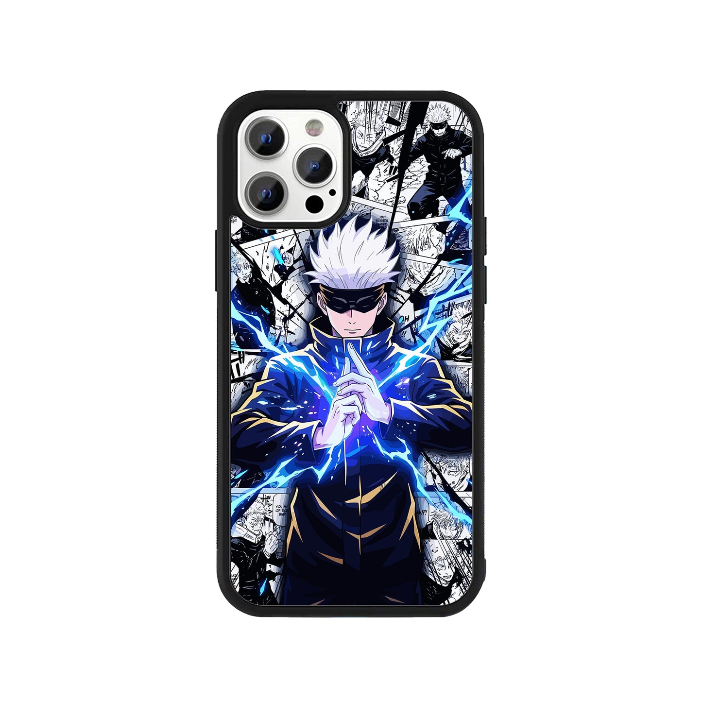 Phone case featuring Satoru Gojo from Jujutsu Kaisen with blue lightning and manga panels in the background - anime cover by Stick-On Limited.