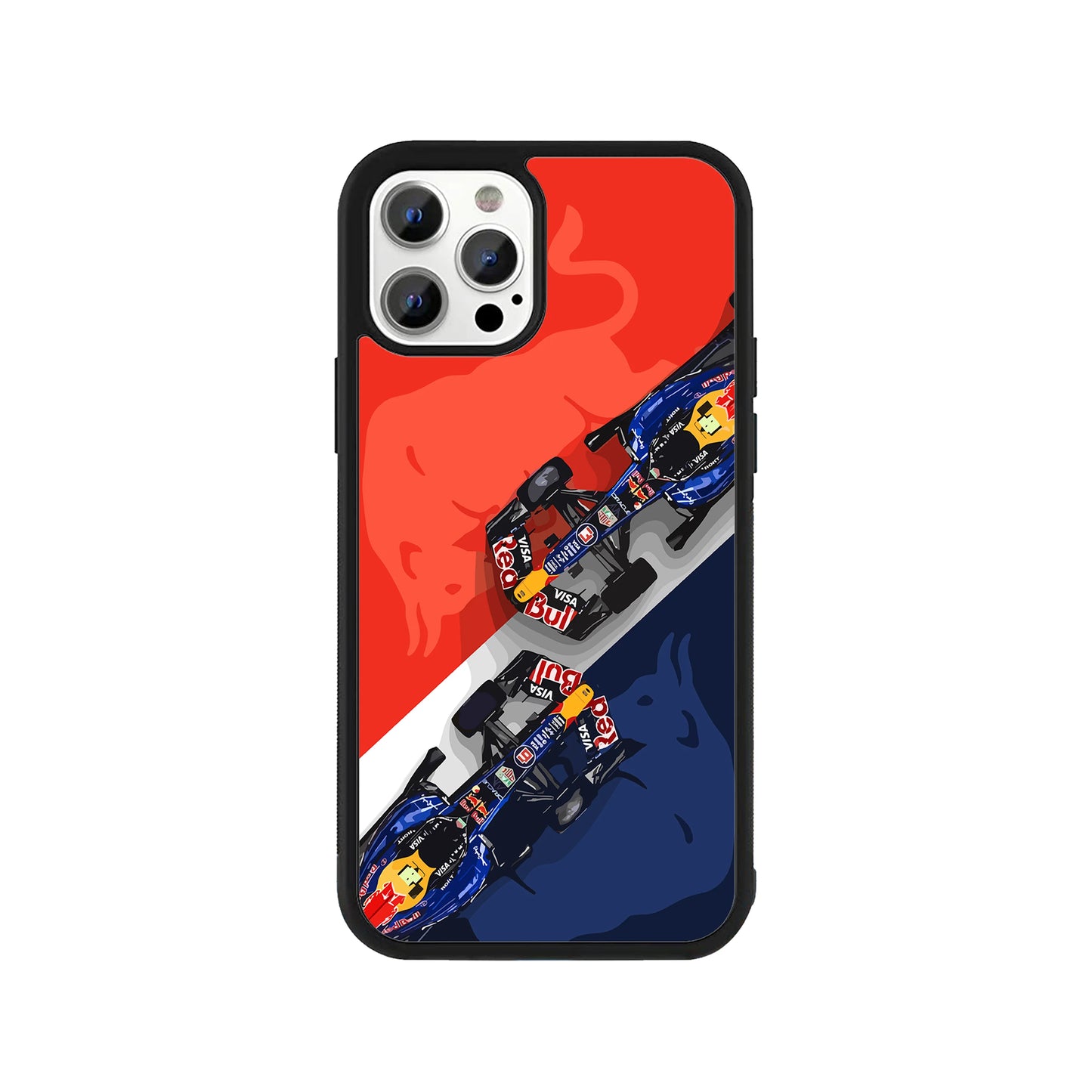 A smartphone case featuring an illustration of two Formula 1 race cars on a diagonally split red, white, and dark blue background with subtle charging bull silhouettes and a protective black bumper - sports phone accessory by Stick-On Limited.
