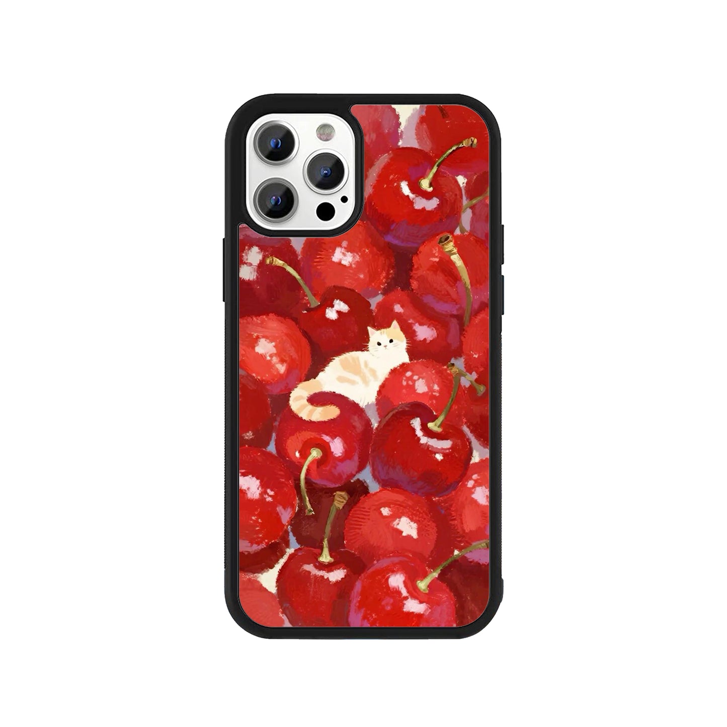 A smartphone case featuring a vibrant red cherry oil painting pattern with a small ginger kitten in the center and a protective black bumper - aesthetic phone accessory by Stick-On Limited.