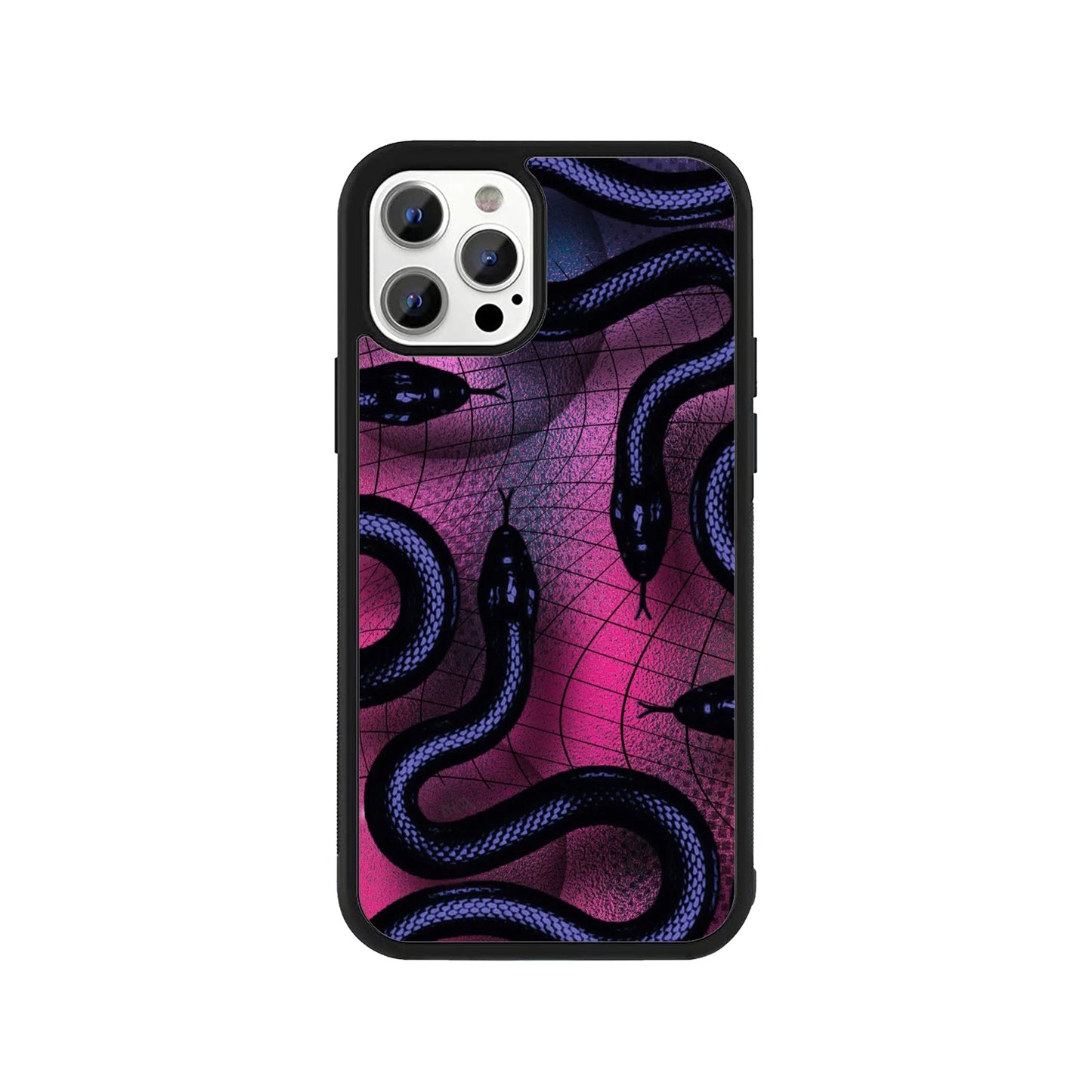 Phone case featuring black snakes on a neon pink and purple grid background - vaporwave aesthetic cover by Stick-On Limited.