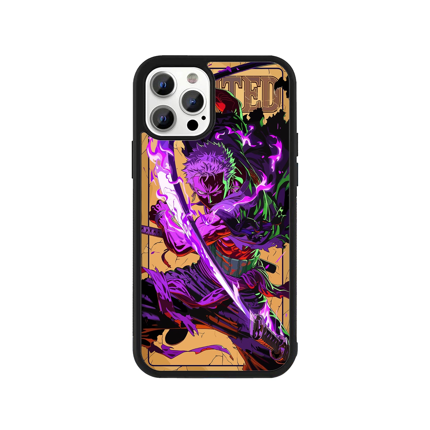 Phone case featuring Zoro from One Piece with a glowing purple sword aura against a wanted poster background - anime cover by Stick-On Limited.