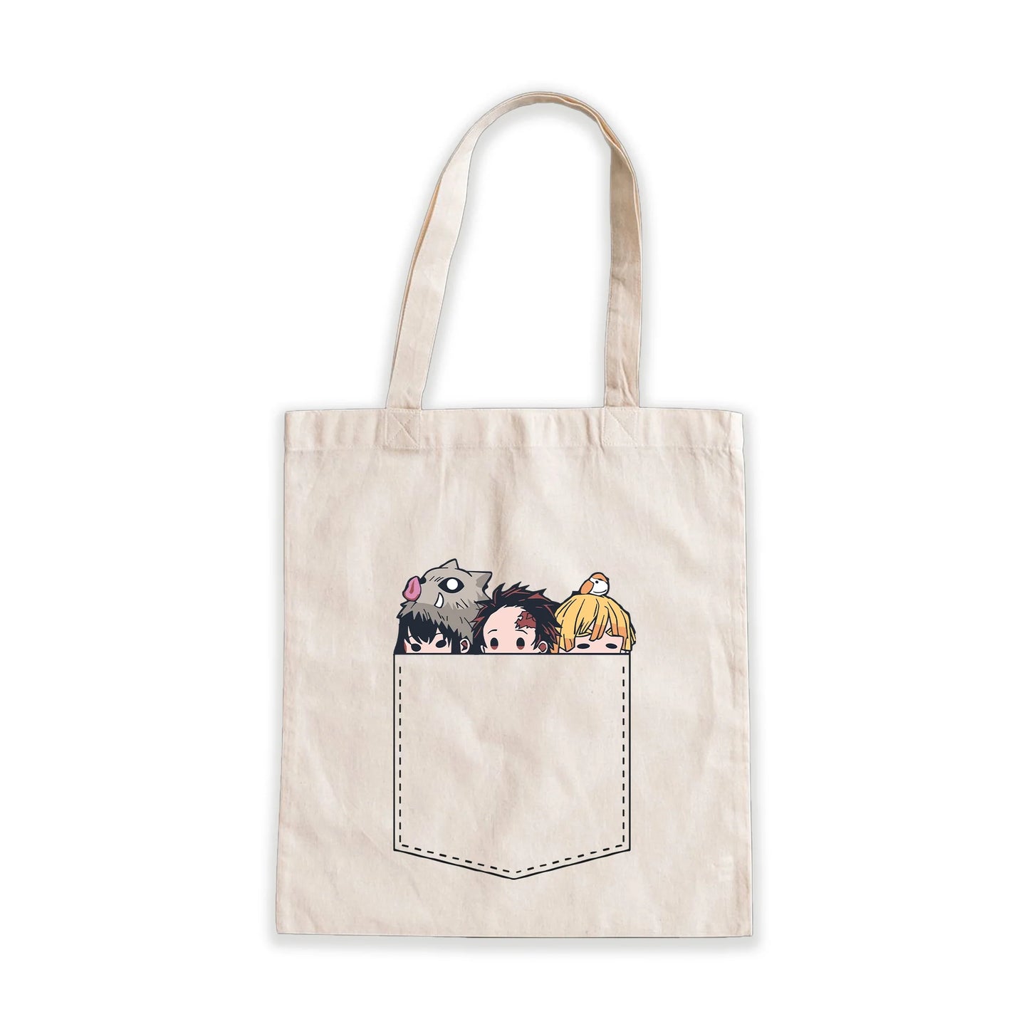 Demon Slayer Pocket Friends Tote Bag – cute anime characters peeking from pocket design on beige canvas bag, Stick-On Accessories Collection