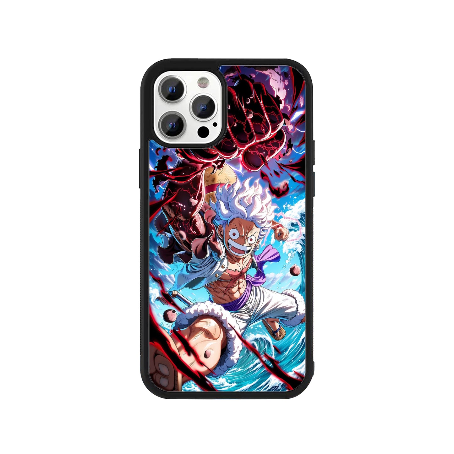 A smartphone case featuring a dynamic illustration of One Piece's Luffy in Gear 5 throwing a Haki punch over ocean waves with a protective black bumper - anime phone accessory by Stick-On Limited.