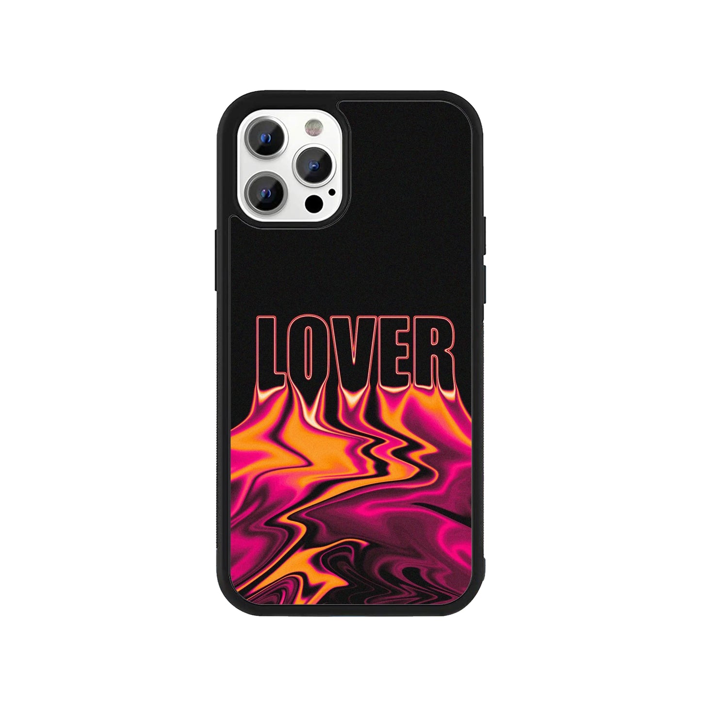 Phone case featuring "LOVER" text melting into neon orange and pink waves - psychedelic aesthetic cover by Stick-On Limited.