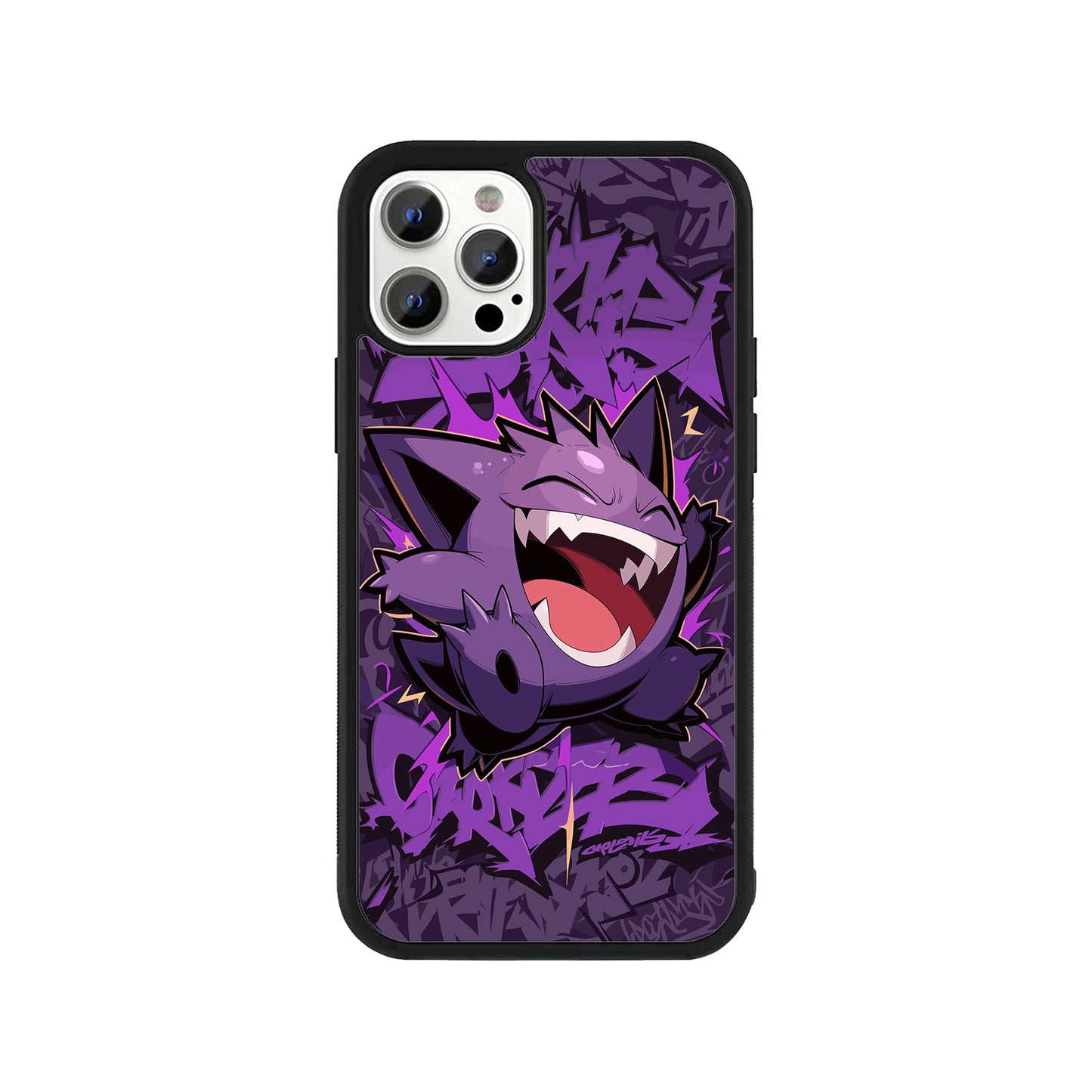 Phone case featuring Gengar from Pokémon laughing against a purple graffiti street art background - gaming cover by Stick-On Limited.