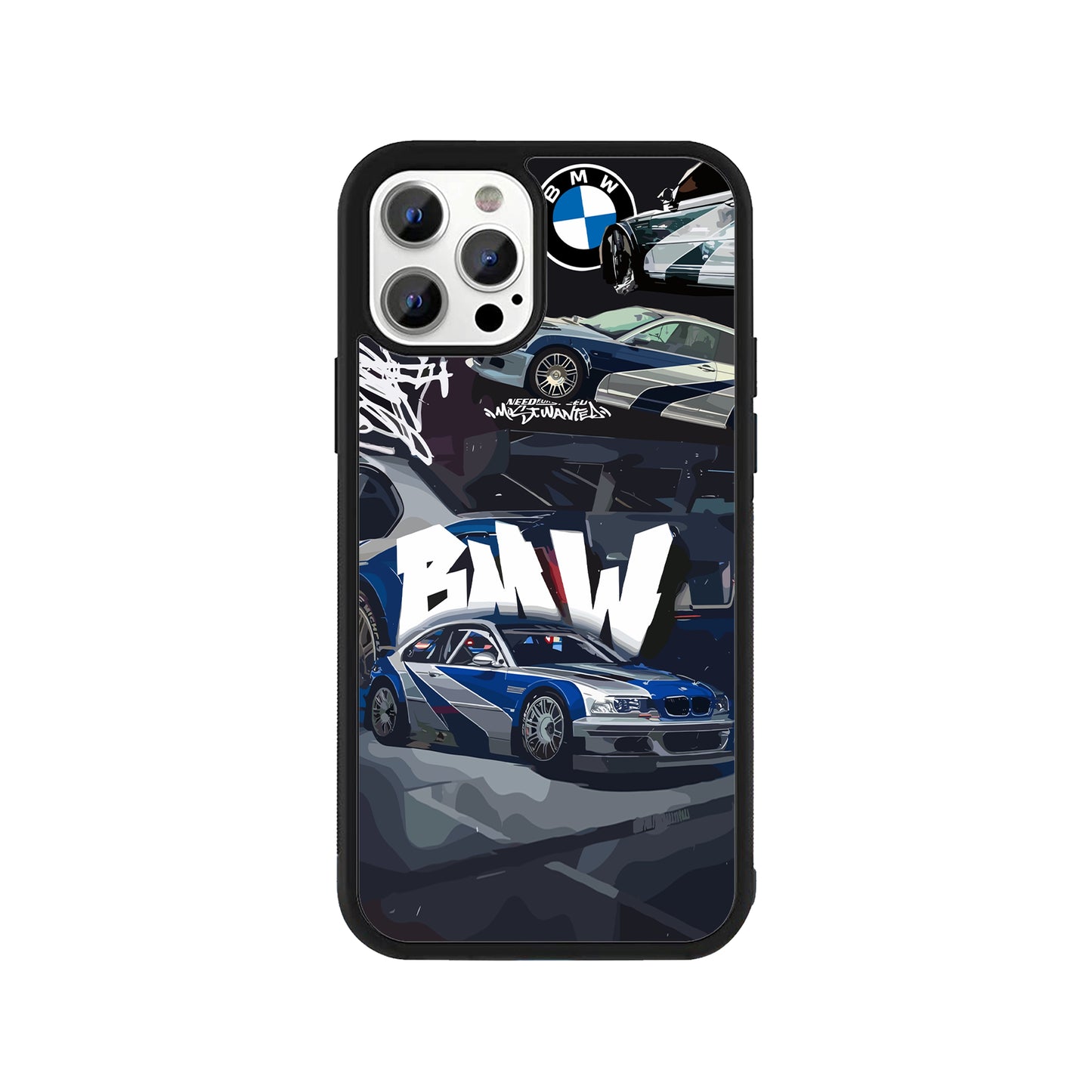 Phone case featuring a collage of the blue and silver BMW M3 GTR from Need for Speed Most Wanted - automotive gaming cover by Stick-On Limited.