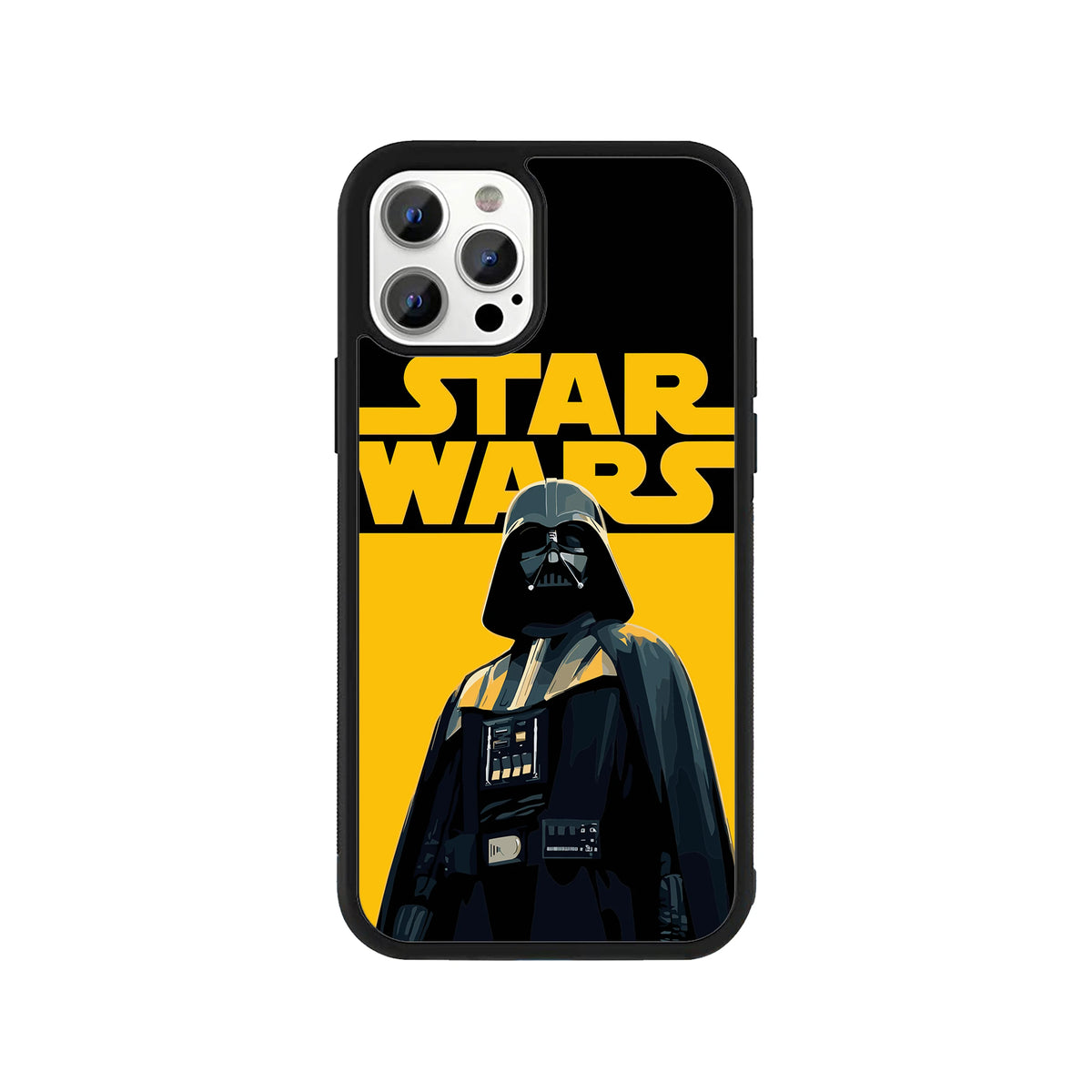 A smartphone case featuring a graphic illustration of Darth Vader against a solid yellow background with the classic yellow Star Wars logo at the top, surrounded by a black protective bumper edge.