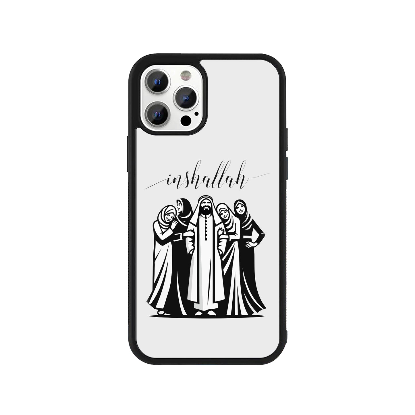 A white smartphone case featuring a black and white illustration of a family and 'inshallah' calligraphy with a protective black bumper - Islamic lifestyle phone accessory by Stick-On Limited.