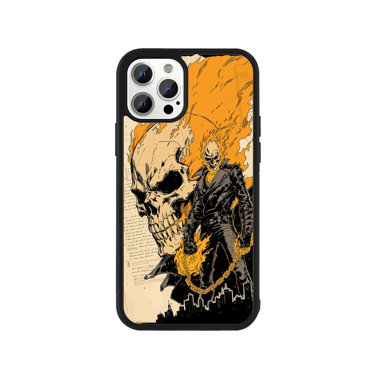 A smartphone case featuring a comic-style illustration of Ghost Rider with his flaming skull and chain, set against an orange background with manuscript text and a black city skyline silhouette, surrounded by a black protective bumper edge.