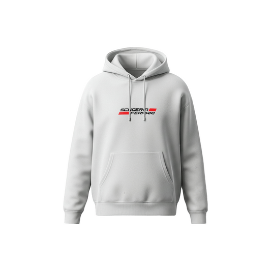 Lewis Hamilton Ferrari hoodie – white motorsport hoodie with car blueprint design, Stick-On F1 Collection