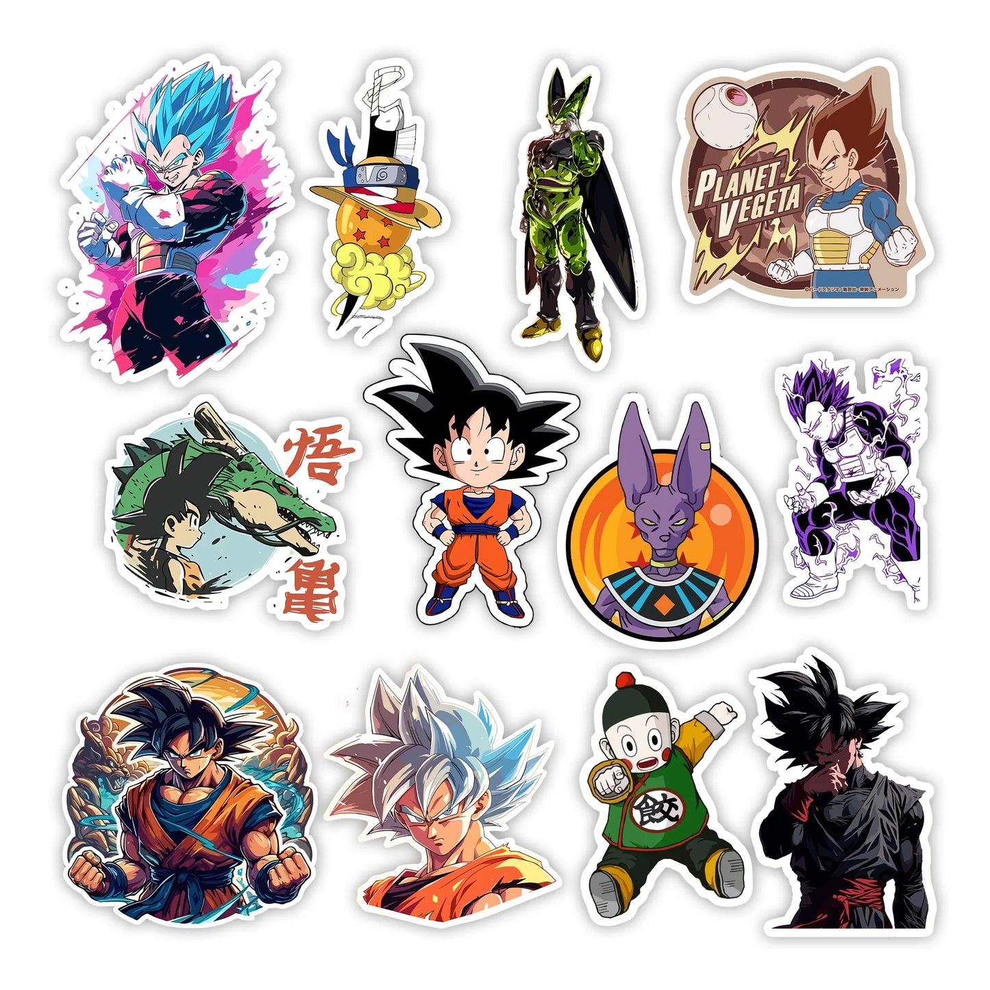 Dragon Ball Z Sticker Pack – Goku, Vegeta, Beerus, Cell, Goku Black anime stickers, Stick-On Power Up Collection
