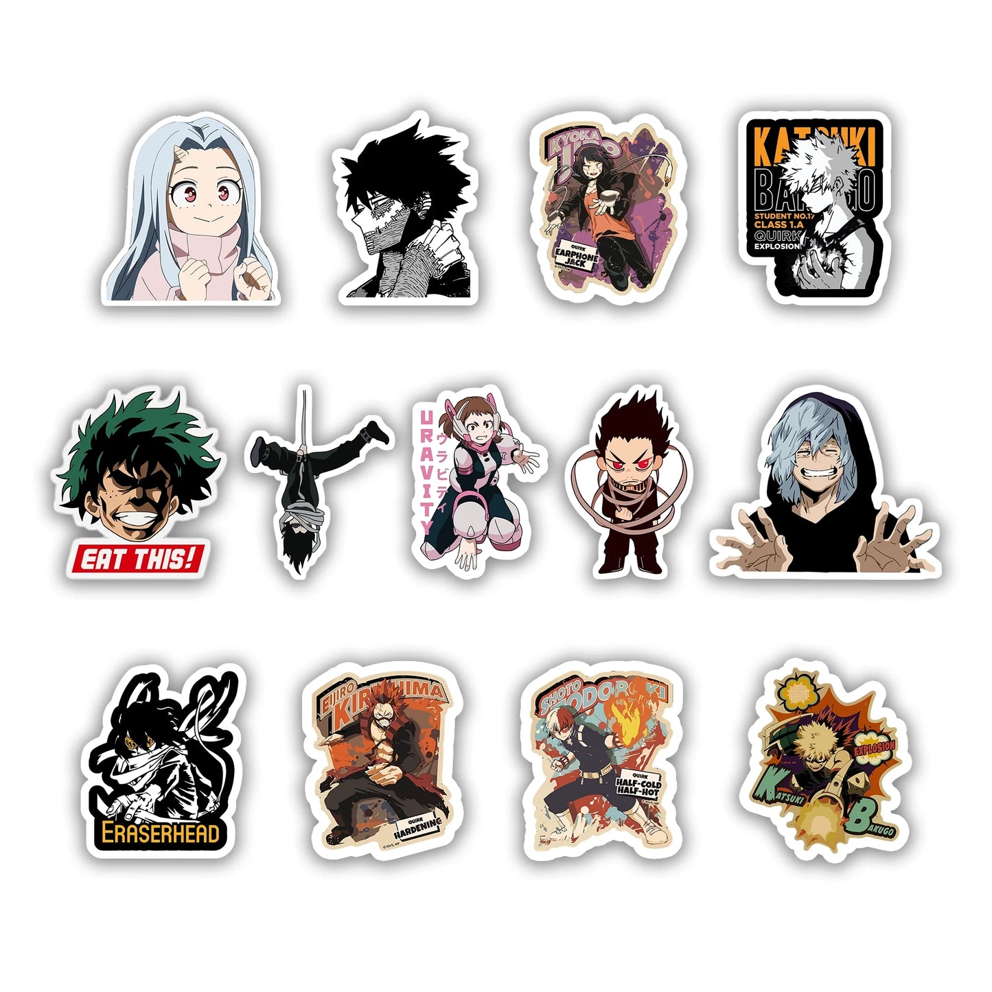 My Hero Academia Sticker Pack – Deku, Bakugo, Todoroki, Uravity, Eraserhead anime stickers, Stick-On U.A. Heroes Collection