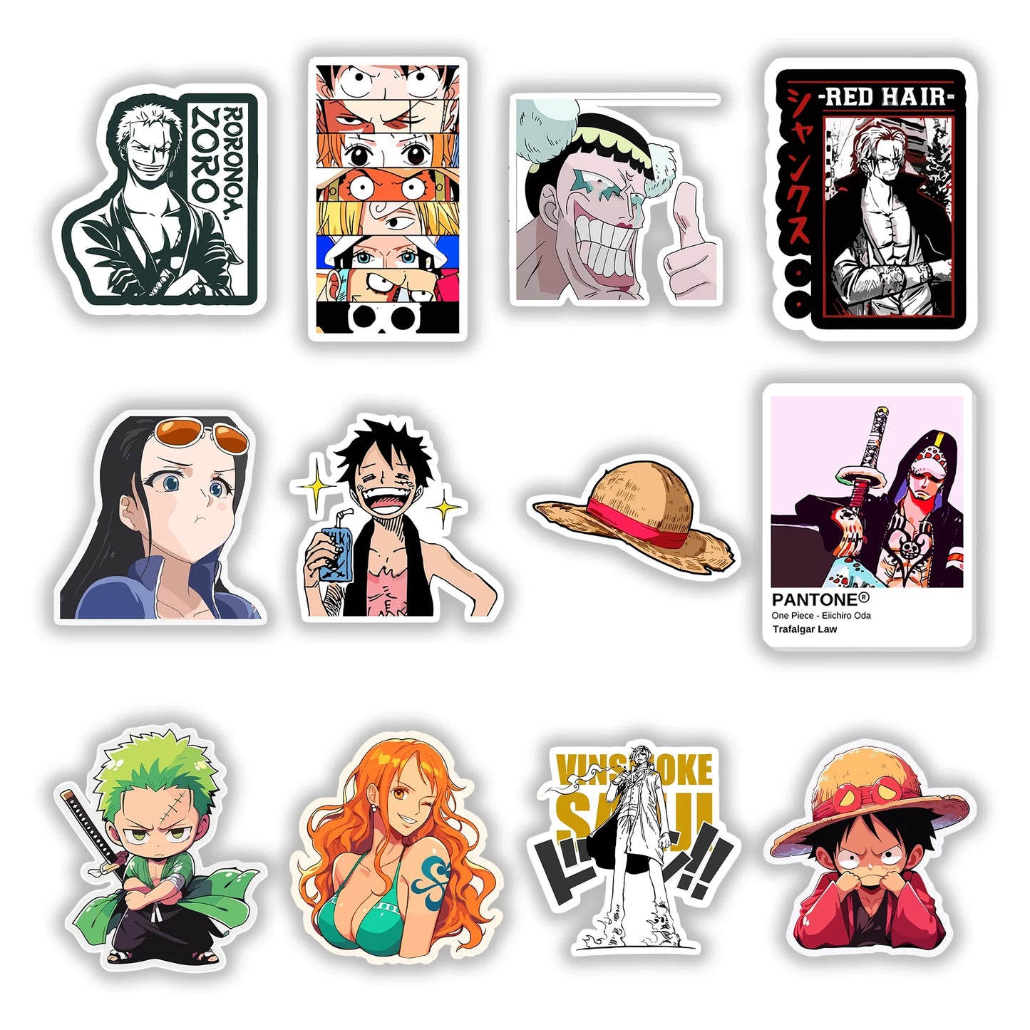 One Piece Sticker Pack – anime vinyl stickers featuring Luffy, Zoro, Nami, Sanji, Law, Robin, and Shanks, Stick-On Anime Collection