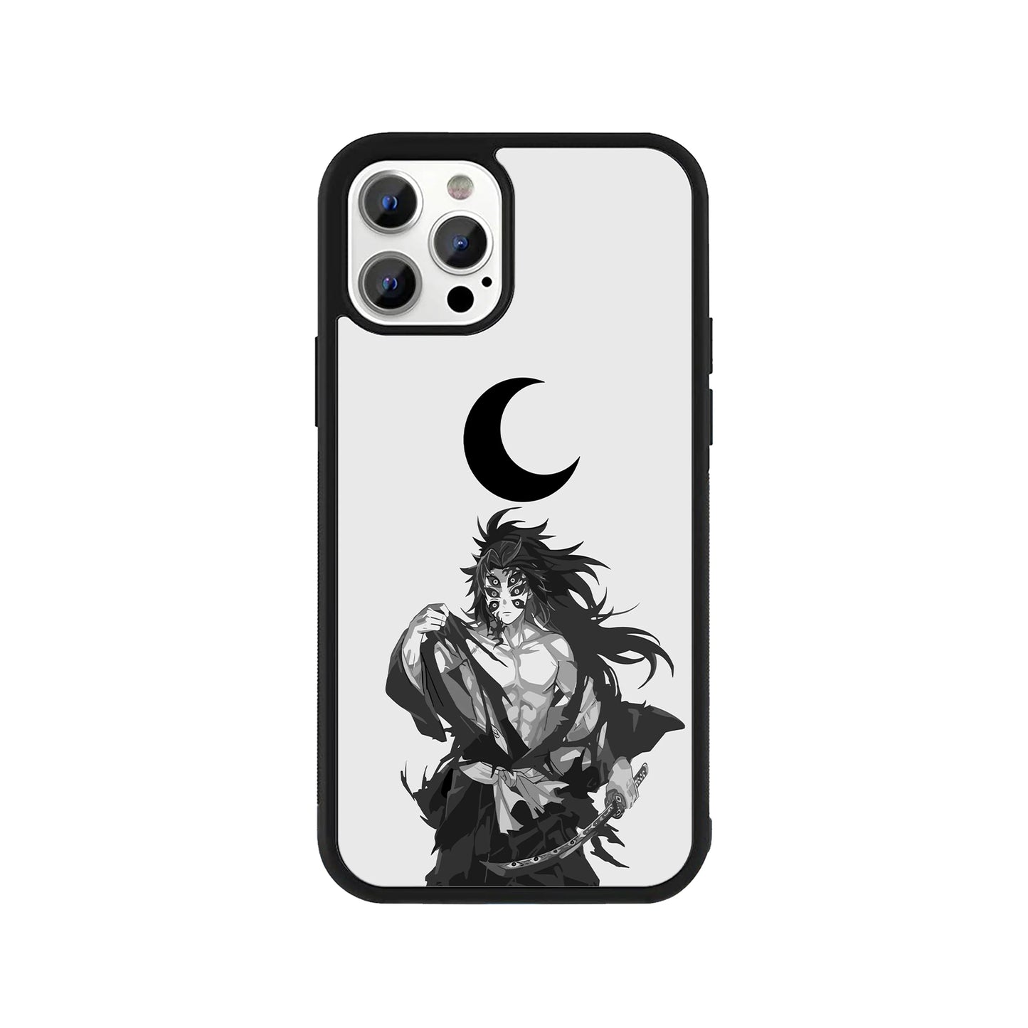 Kokushibo Demon Slayer phone case – black and white crescent moon design with anime character, Stick-On anime collection