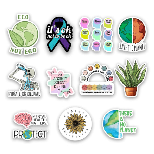 Mental Health and Eco Awareness Sticker Pack – motivational and environmental message stickers, Stick-On Positivity Collection