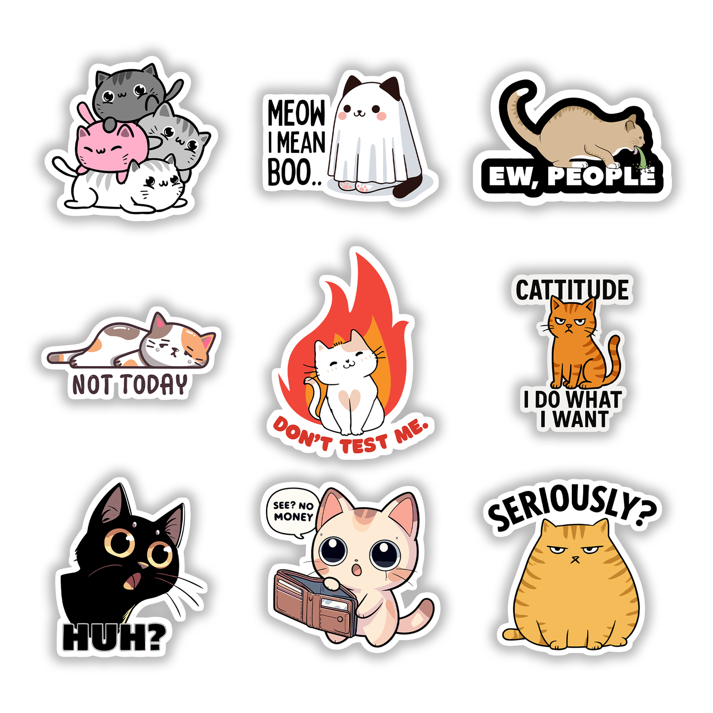 Set of 9 funny and sassy cat stickers featuring designs like ghost cat, empty wallet cat, and angry fire cat - Stick-On Limited collection.
