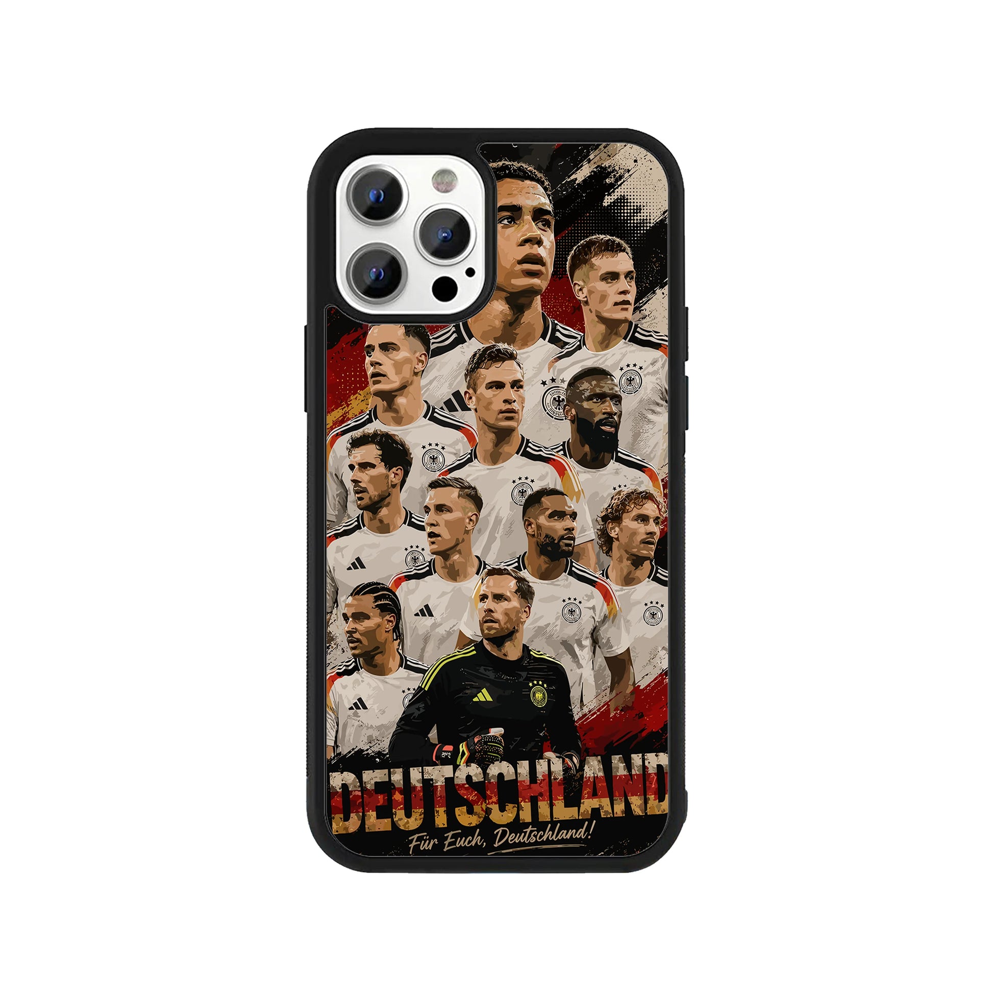 A smartphone case featuring a detailed illustration collage of the Germany national football team players against a distressed black, red, and gold background, with 'DEUTSCHLAND' text and a protective black bumper - sports phone accessory by Stick-On Limited.