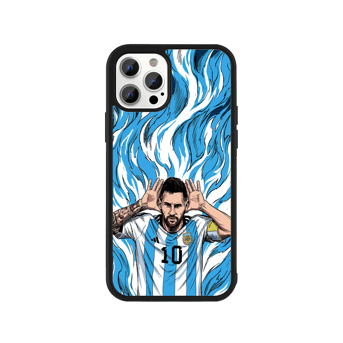 A smartphone case featuring a comic-style illustration of Lionel Messi in an Argentina jersey doing his hands-to-ears celebration, set against a wavy blue and white background, surrounded by a black protective bumper edge