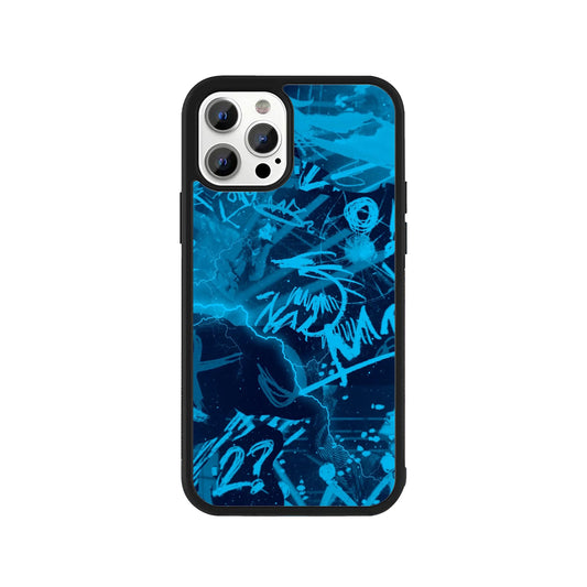 Phone case featuring neon blue graffiti scribbles, crowns, and street art textures on a black background - urban style cover by Stick-On Limited.